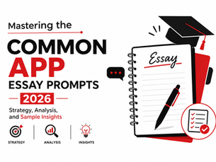 Student planning and writing Common App 2026 essay with strategy and application icons on a white background.