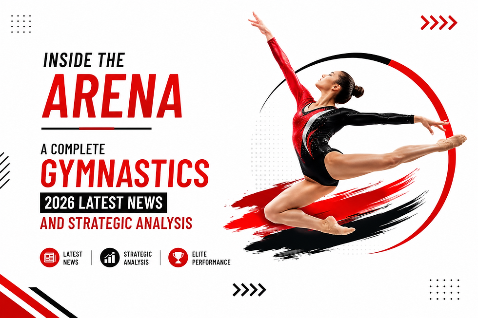 Gymnast performing an artistic routine with Gymnastics 2026 latest news theme.