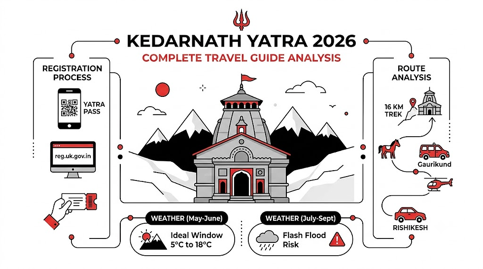 Minimalist red, black, and white infographic guide for Kedarnath Yatra 2026 detailing the mandatory registration QR code process, the 16 km mountain trek route from Gaurikund, and seasonal weather safety advisory.