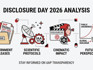 Disclosure Day 2026 analysis infographic highlighting UAP government releases, PURSUE database, updated SETI protocols, and Steven Spielberg's cinematic impact.