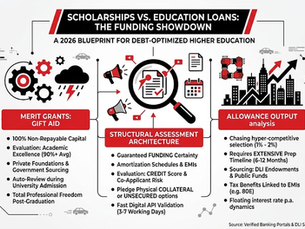 Minimalist black, red, and white infographic charting a comprehensive scholarships vs education loans analysis. The corporate flowchart outlines merit grants and gift aid dynamics under industrial gear and weather icons, evaluates the modern structural assessment architecture through a central magnifying glass focusing on document checklists, and tracks allowance output parameters against an upward-trending city skyline.