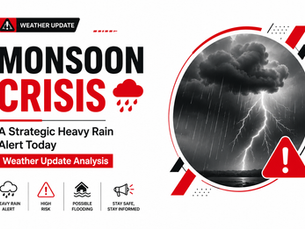 Monsoon heavy rain alert weather update with storm clouds and warning graphics.