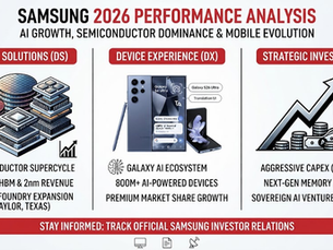 "Infographic showing Samsung analysis, detailing device solutions, semiconductor growth, and the Galaxy AI ecosystem."