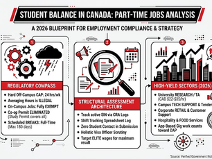Minimalist black, red, and white infographic charting a comprehensive part-time jobs in Canada for students analysis. The corporate flowchart outlines the regulatory compass parameters under industrial gear and weather icons, evaluates the structural assessment architecture through a central magnifying glass focusing on document checklists, and tracks high-yield sectors against an upward-trending city skyline.