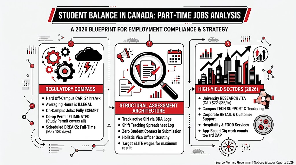 Minimalist black, red, and white infographic charting a comprehensive part-time jobs in Canada for students analysis. The corporate flowchart outlines the regulatory compass parameters under industrial gear and weather icons, evaluates the structural assessment architecture through a central magnifying glass focusing on document checklists, and tracks high-yield sectors against an upward-trending city skyline.