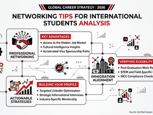 Minimalist black, red, and white infographic charting a comprehensive networking tips for international students analysis. The corporate dashboard profiles the value of professional networking over job boards, breaks down profile-building strategies, and maps out critical immigration and compliance verification parameters.