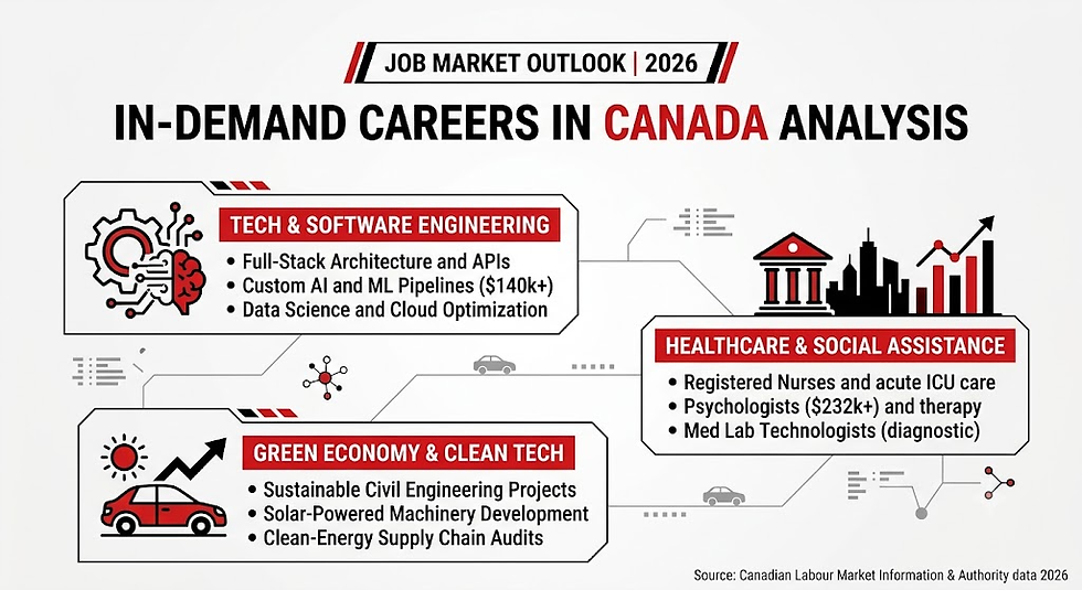 Minimalist black, red, and white infographic detailing a comprehensive in-demand careers in Canada analysis. The corporate chart benchmarks the three main employment drivers for 2026: tech and software engineering, the green economy and clean tech, and healthcare and social assistance.