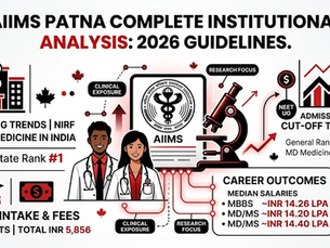 Infographic outlining an institutional analysis of AIIMS Patna on a plain white background using a black, red, and white theme. Features a microscope, medical professionals, cut-off rank charts, and salary outcomes with clean typography.