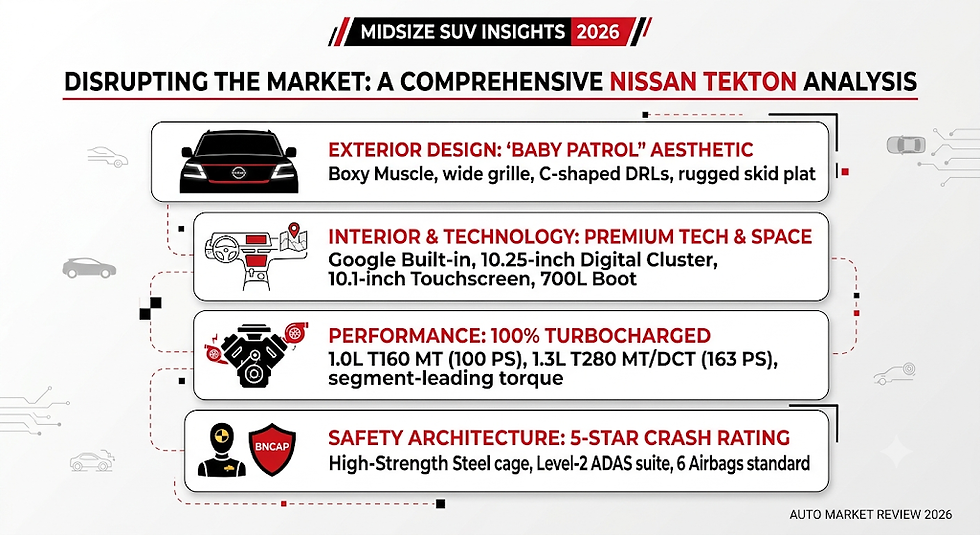 Minimalist black, red, and white infographic showcasing a comprehensive Nissan Tekton analysis, covering its exterior design, premium interior tech, turbocharged performance, and 5-star BNCAP safety architecture.