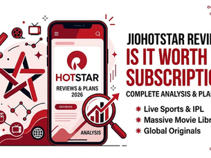 An elegant black, red, and white blog banner featuring a smartphone displaying a "JioHotstar" 2026 review on a plain white background, surrounded by minimalist sports and entertainment icons.