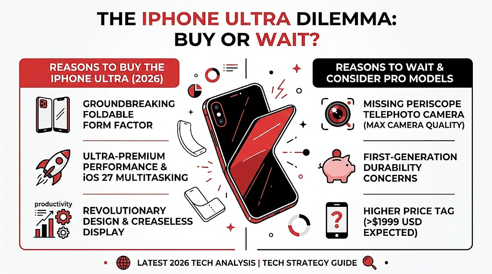 A professional infographic on a plain white background with a black and red theme titled "The iPhone Ultra Dilemma: Buy or Wait?", comparing arguments for purchasing the 2026 foldable versus waiting for future Pro models using minimalist icons.