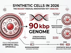 Technical infographic detailing the 90 kbp genome and structural design of the SpudCell synthetic cell platform in a professional black, red, and white theme.