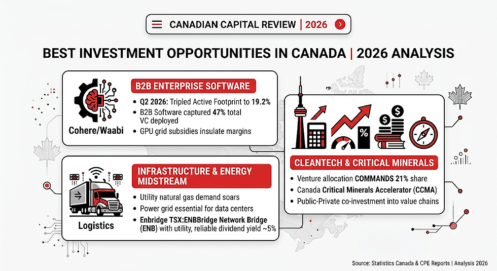 Minimalist black, red, and white infographic detailing a best investment opportunities in Canada analysis. It features three interconnected panels evaluating B2B Enterprise Software, Infrastructure & Energy Midstream, and Cleantech & Critical Minerals with specific market data.