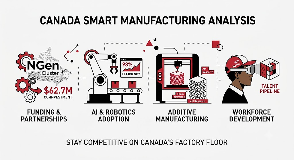 Smart manufacturing programs Canada infographic detailing NGen funding, AI and robotics adoption, additive manufacturing research, and workforce development.