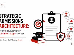 Minimalist illustration of strategic admissions architecture for Common App profile building with black, red, and white design.