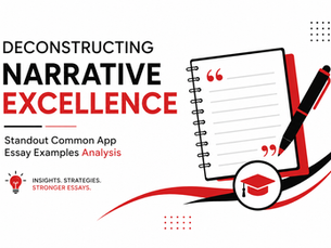 Professional illustration of Common App essay analysis with notebook, pen, and graduation cap in black, red, and white theme.