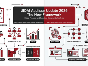 Split identity verification infographic showing secure fingerprint scanning, procedural flowcharts, and accepted identity documents in a clean black, red, and white professional design.