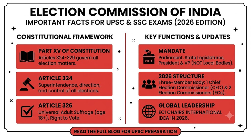 Infographic on a plain white background using a black and red theme, outlining important facts about the Election Commission of India for UPSC and SSC exams, detailing the constitutional framework, 2026 three-member structure, and global leadership roles.