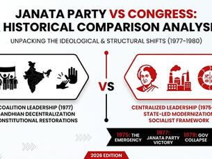 A professional black, red, and white political comparison infographic on a plain white background, contrasting Janata Party’s coalition framework against the Congress party's centralized leadership.