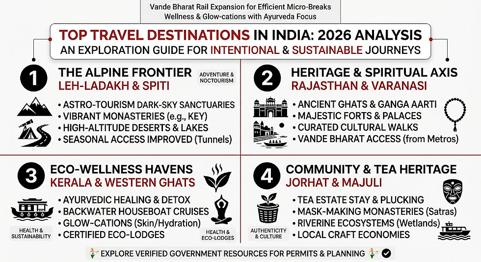 Four-quadrant informational travel infographic analyzing alpine adventures, heritage axes, eco-wellness havens, and community tea tourism circuits in a sleek black, red, and white theme.