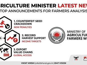 Infographic in black, white, and red detailing top policy updates from the Union Agriculture Minister for 2026, including crackdowns on counterfeit seeds, record harvest support, and expanded export value chains.