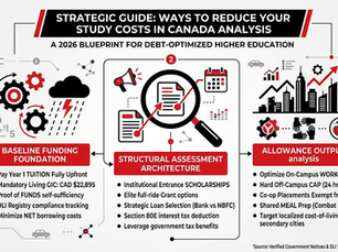 Minimalist black, red, and white infographic charting a comprehensive ways to reduce your study costs in Canada analysis. The corporate flowchart outlines the baseline funding foundation under industrial gear and weather icons, evaluates the modern structural assessment architecture through a central magnifying glass focusing on documents, and tracks allowance output parameters against an upward-trending city skyline.
