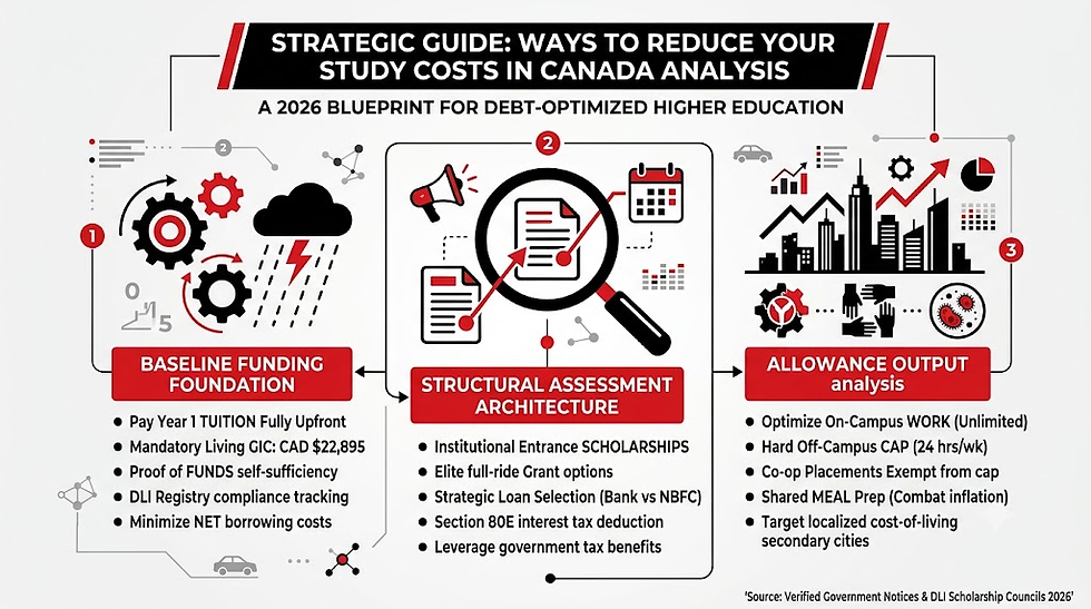 Minimalist black, red, and white infographic charting a comprehensive ways to reduce your study costs in Canada analysis. The corporate flowchart outlines the baseline funding foundation under industrial gear and weather icons, evaluates the modern structural assessment architecture through a central magnifying glass focusing on documents, and tracks allowance output parameters against an upward-trending city skyline.