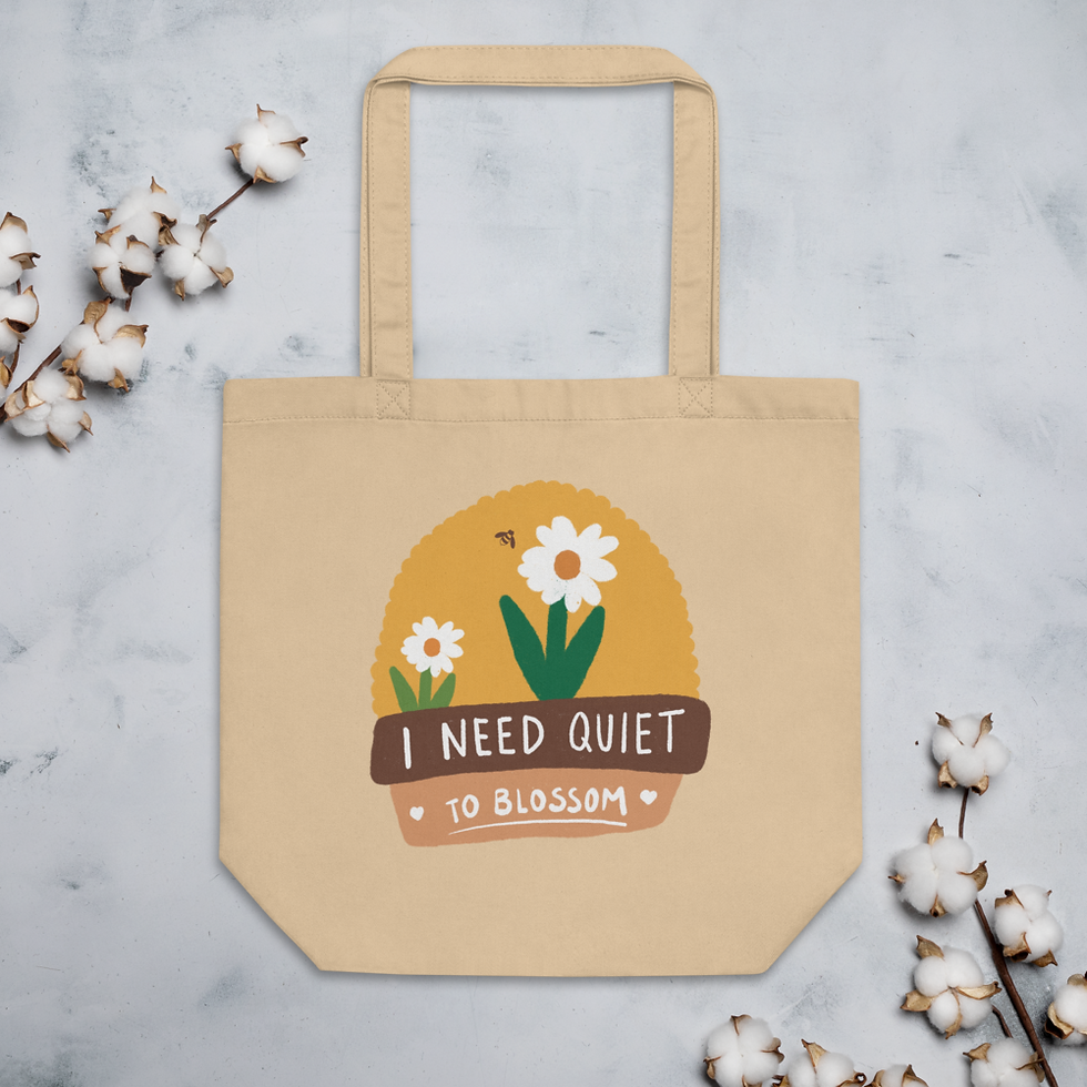 Miniatura: Motivational tote bag with illustration of two flowers and sentence saying I need quiet to blossom
