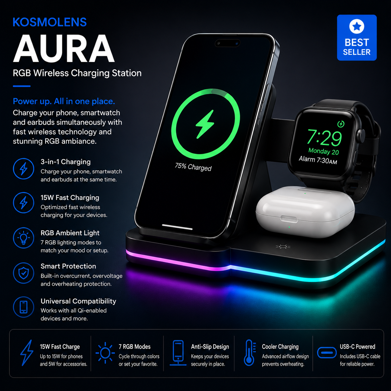 KOSMOLENS AURA — RGB Wireless Charging Station
