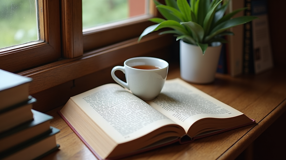 High angle view of a cozy reading nook with books and a cup of tea