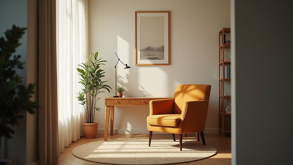 Eye-level view of a cozy office space with a comfortable chair and soft lighting