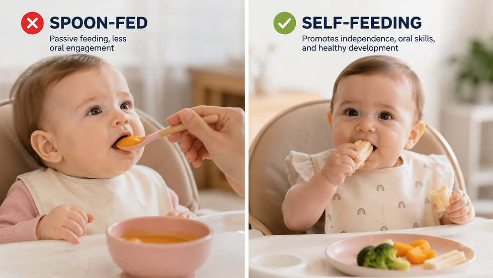 A baby being spoon-fed purée vs. a baby self-feeding soft finger foods (banana, steamed vegetable)