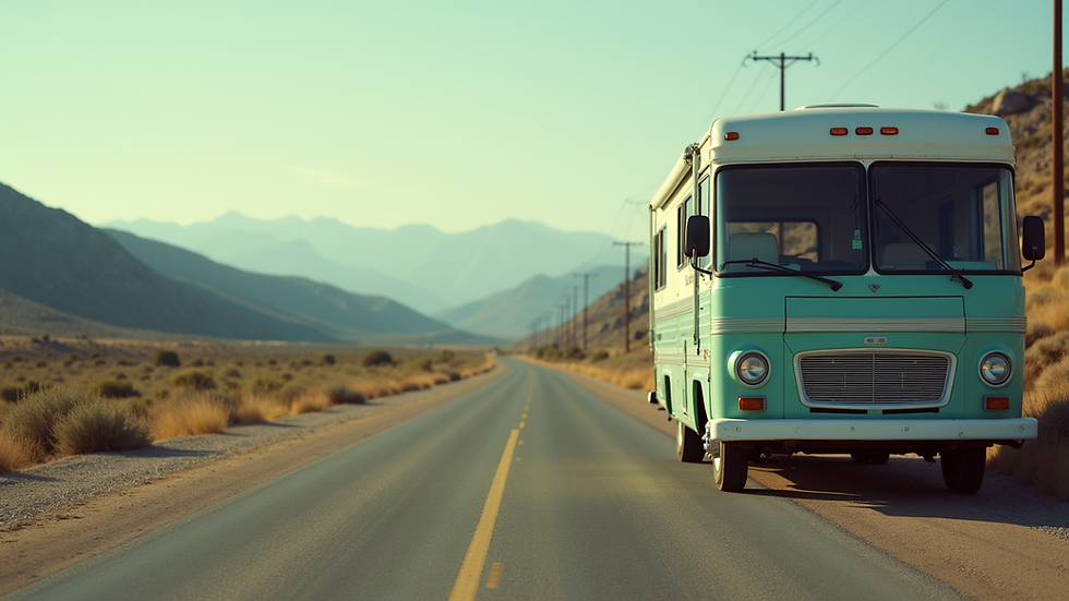 Eye-level view of a classic RV parked on a scenic road