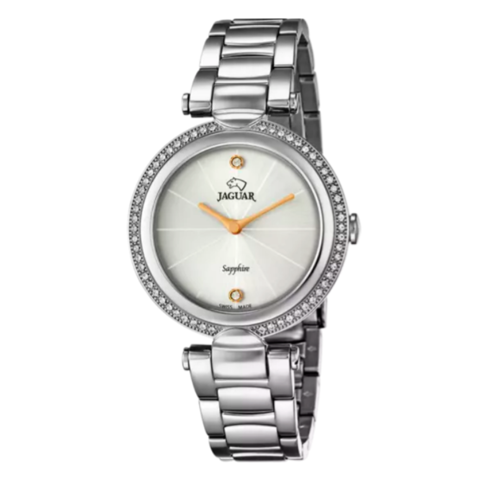Reloj Jaguar Cosmopolitan Mujer, diseño elegante en acero inoxidable, con esfera blanca minimalista y detalles dorados.