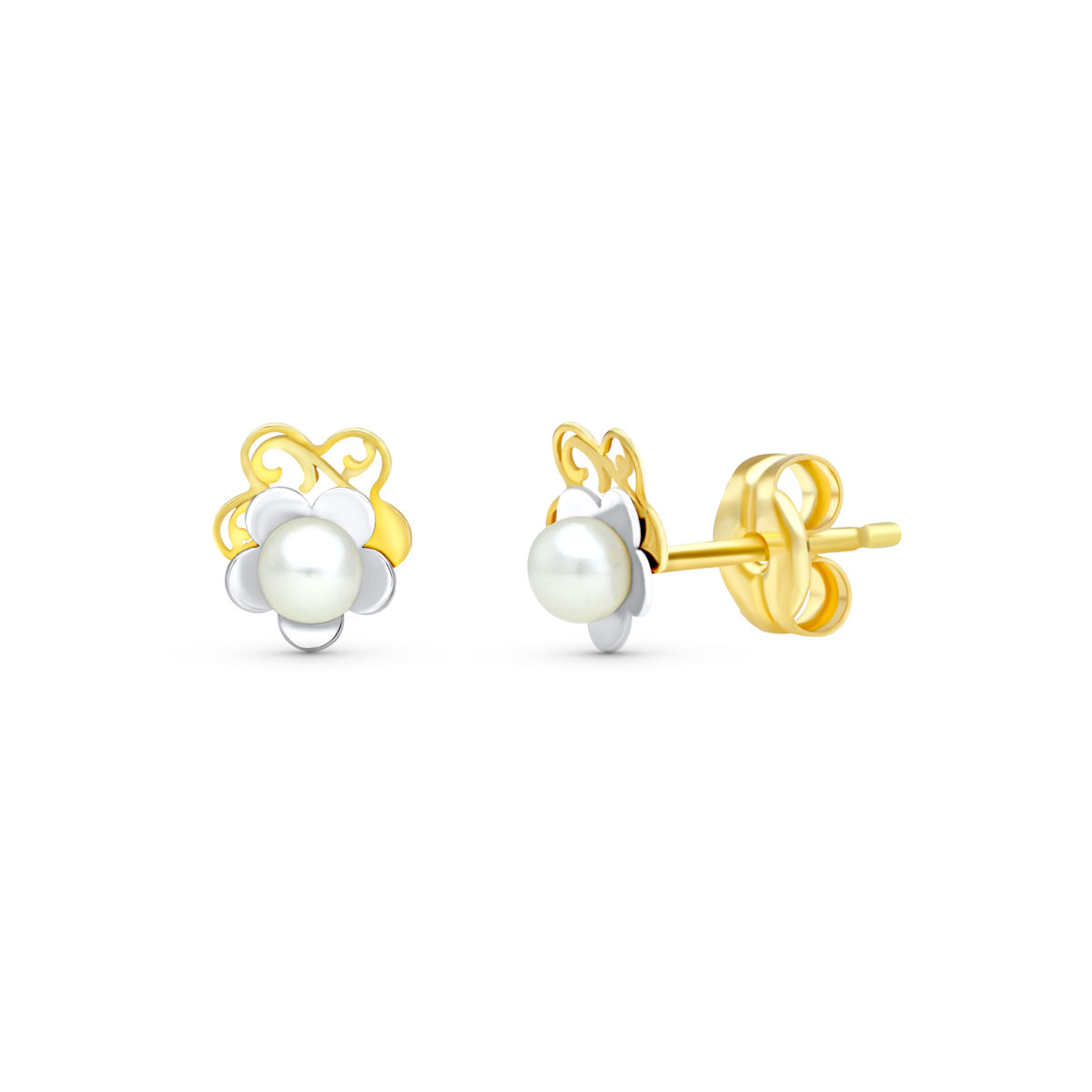 Pendientes de oro bicolor 18K láser con perla, 6x5 mm · 0,42 g (ref. 18093)
