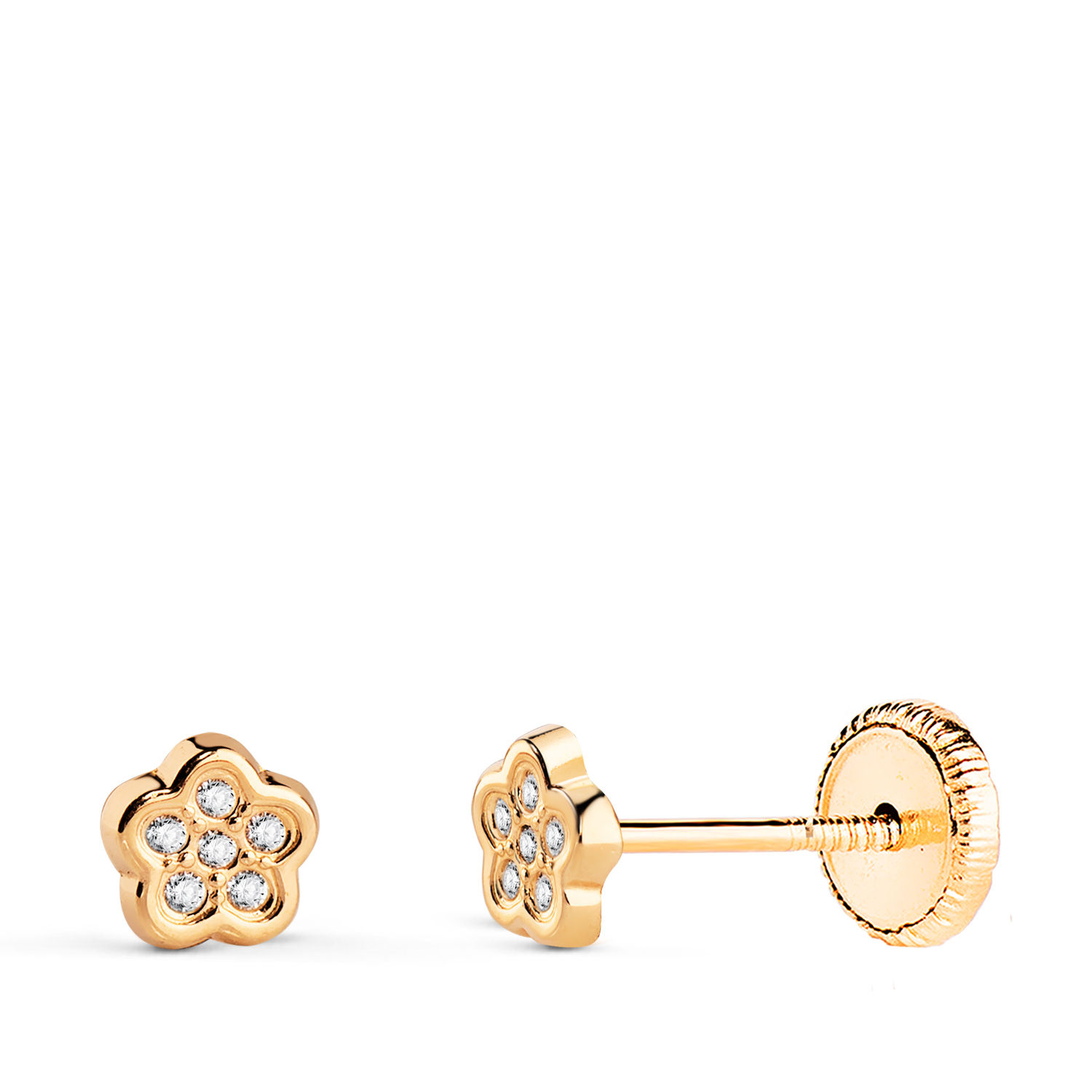 Pendientes de oro amarillo 18K flor con circonita, 5x4,5 mm