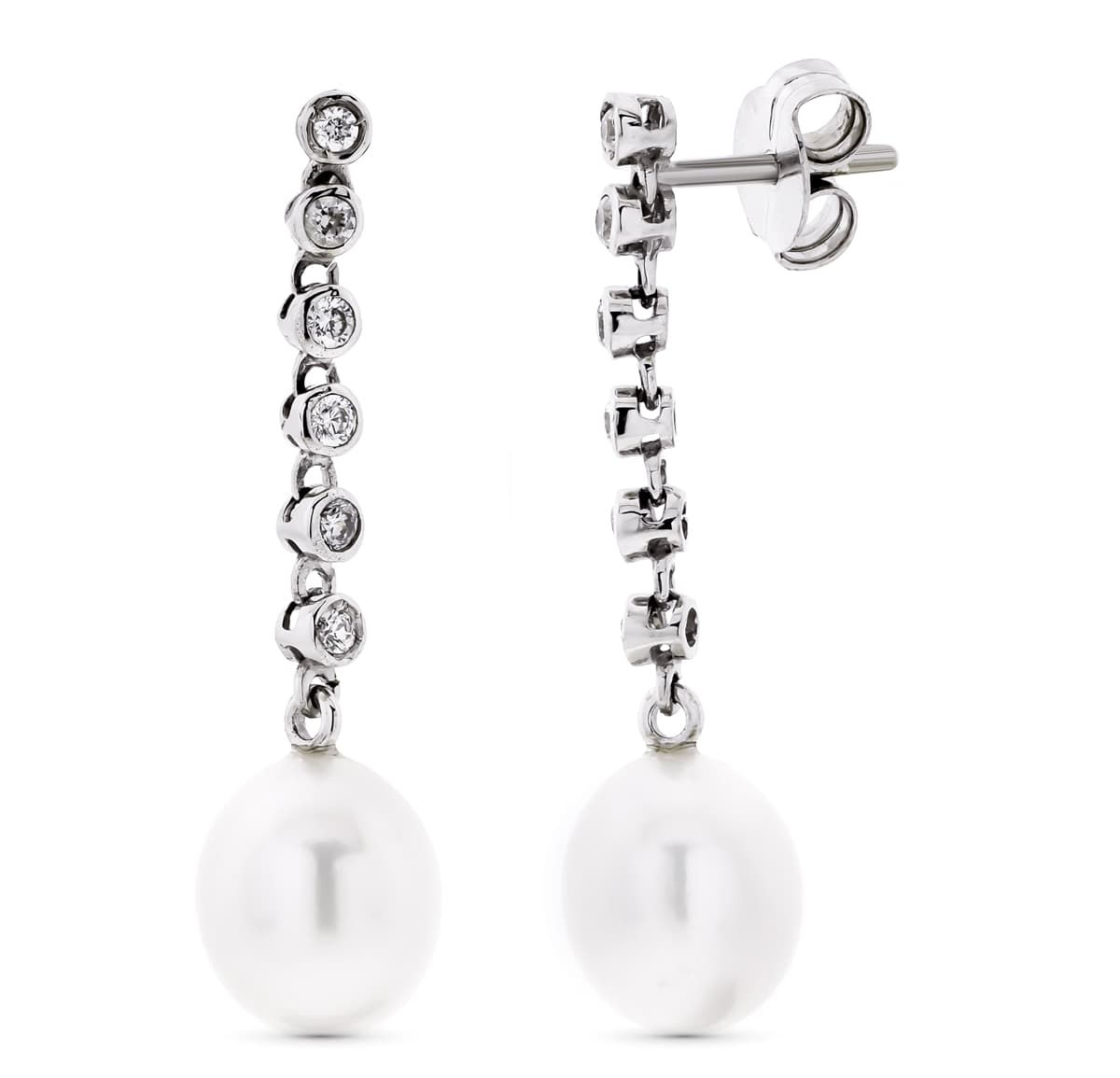 Pendientes de oro blanco 18K largos con circonita y perla · 3,27 g