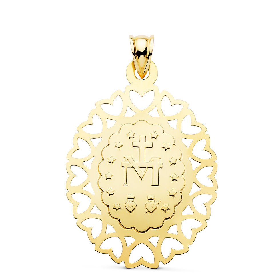 Miniatura: 18k Medalla Oro Amarillo Virgen Milagrosa Oval Cerco Corazones. 40 X 33 Mm