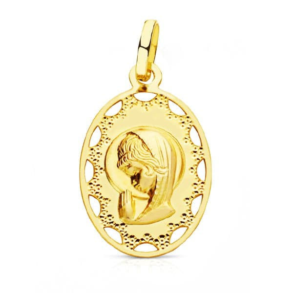 Medalla de oro amarillo 18K Virgen Niña cerco, 23x14 mm