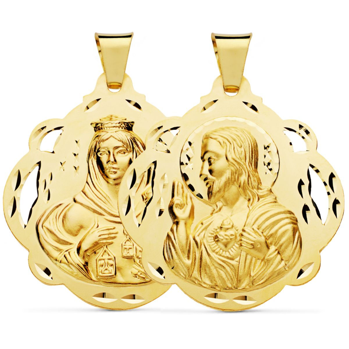 Escapulario de oro amarillo 18K Virgen del Carmen Corazon Jesús pandereta
