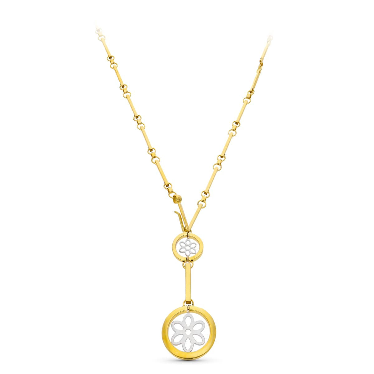 Gargantilla de oro bicolor 18K círculos flor, 45 cm