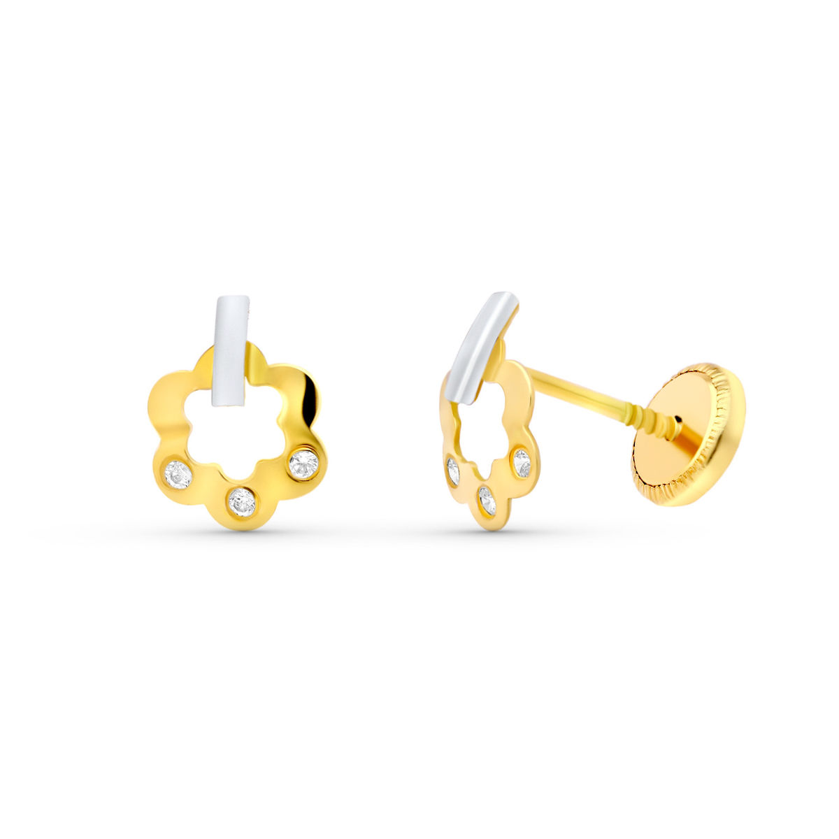 Pendientes de oro bicolor 18K flor, 8x6 mm