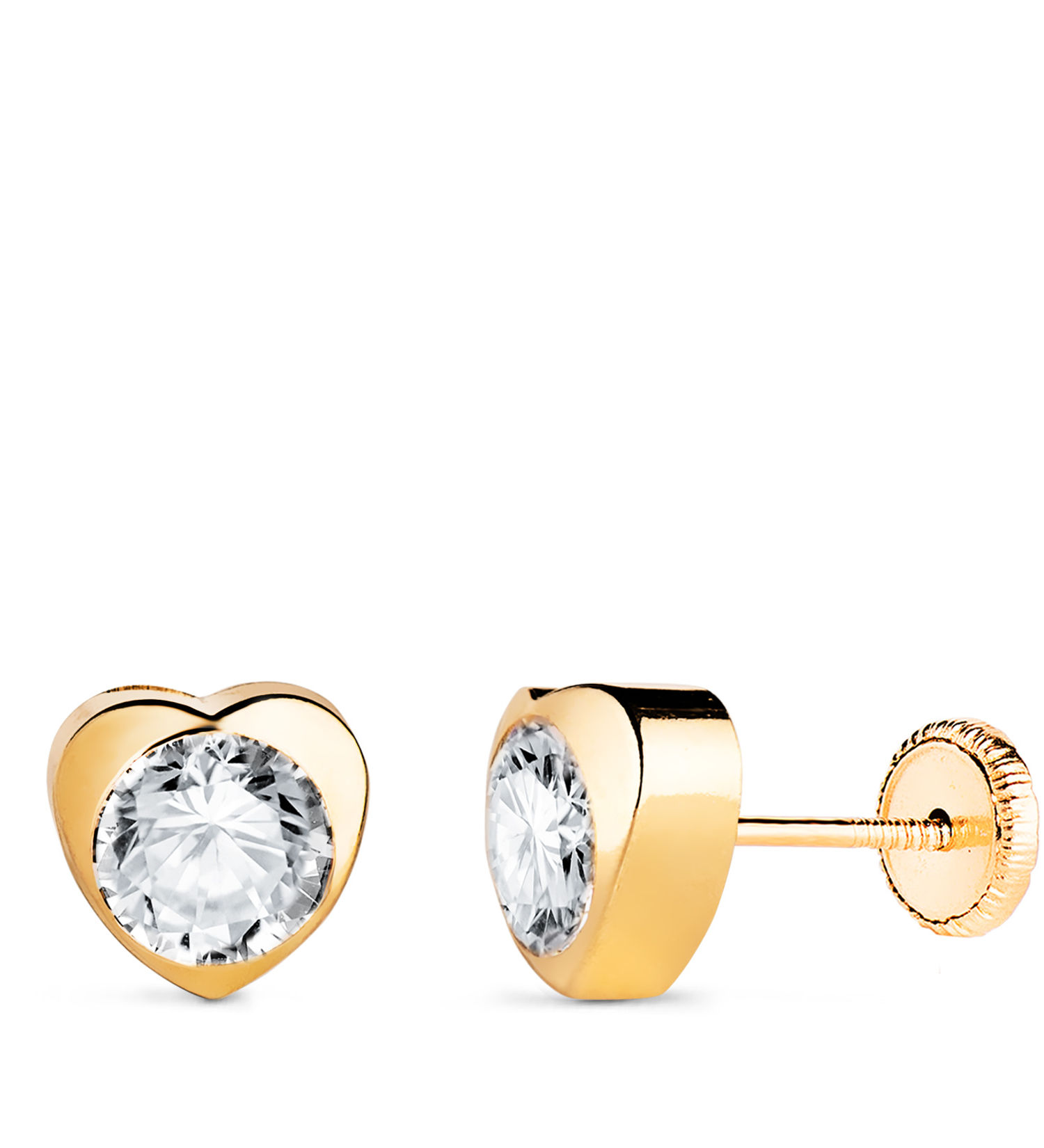 Pendientes de oro amarillo 18K chatón corazón con circonita, 7,5x7,5 mm · 0,59 g