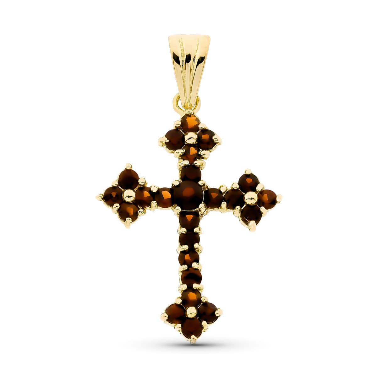 Cruz de oro amarillo 18K con granate, 35x25 mm