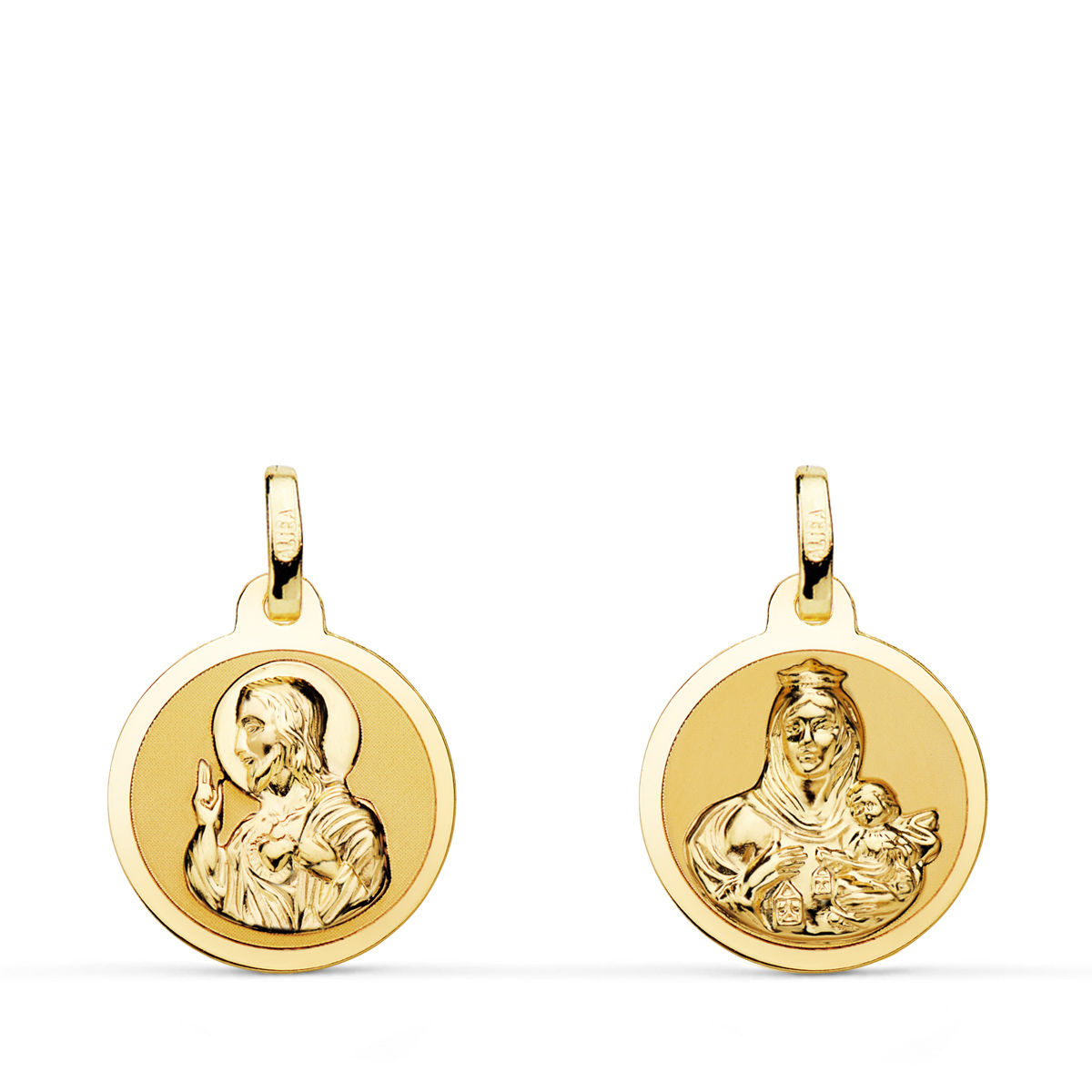 Escapulario de oro amarillo 18K Virgen del Carmen corazón Jesús, 14 mm