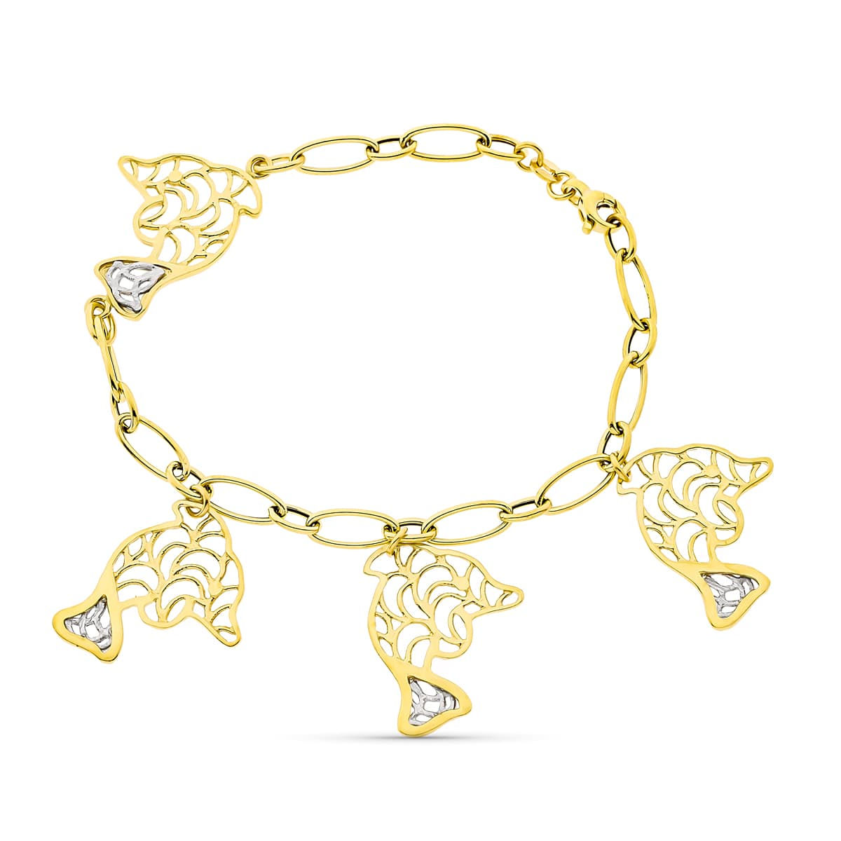 Pulsera de oro bicolor 18K delfines, 26 mm / 19,5 cm