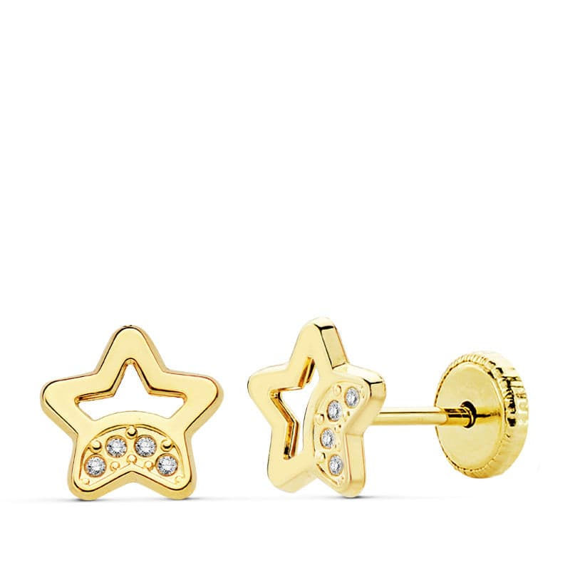 18k Pendientes Oro Amarillo Estrella Circonitas 7 Mm Cierre Tuerca