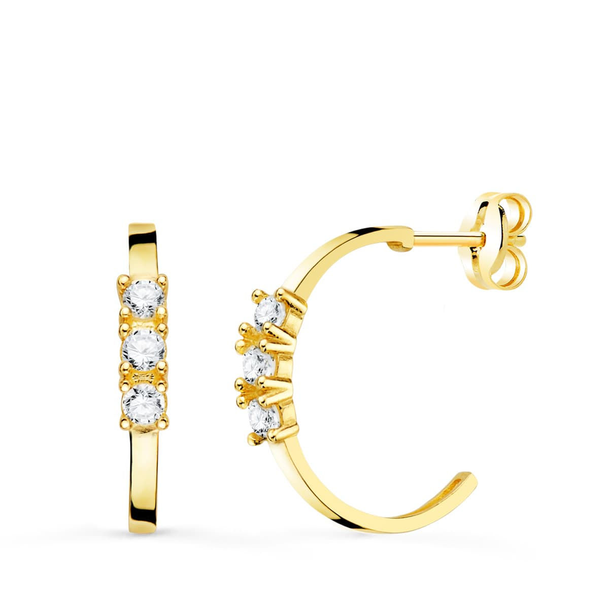 18k Pendientes Aros Abiertos Oro Amarillo Con Circonitas 15 Mm Cierre Presion