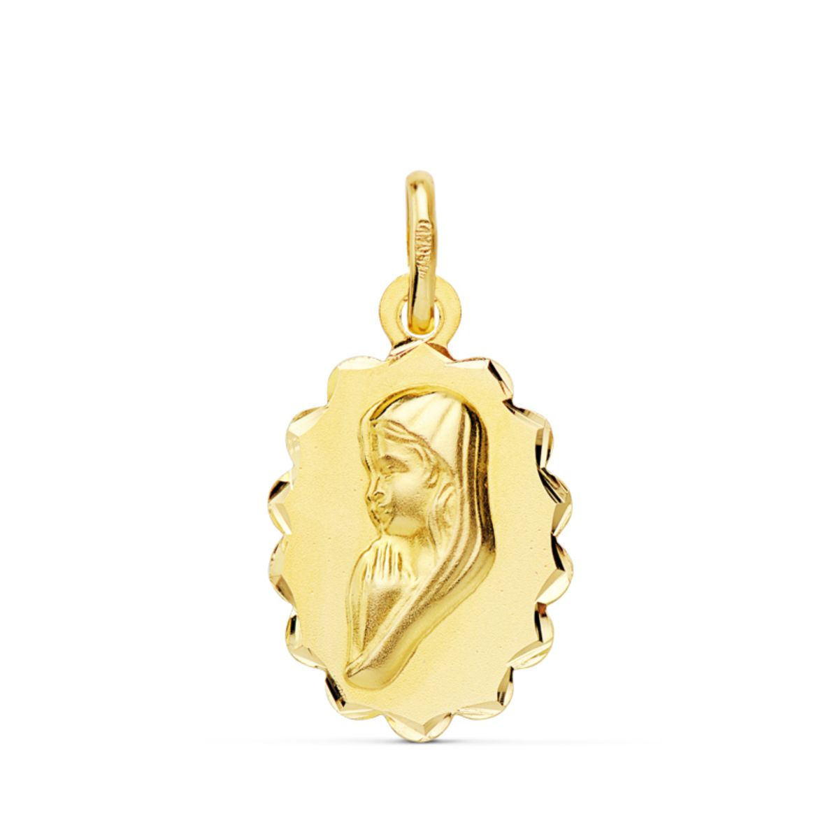 Medalla de oro amarillo 18K Virgen Niña arcos, 16x12 mm · 0,94 g (ref. P2006F)