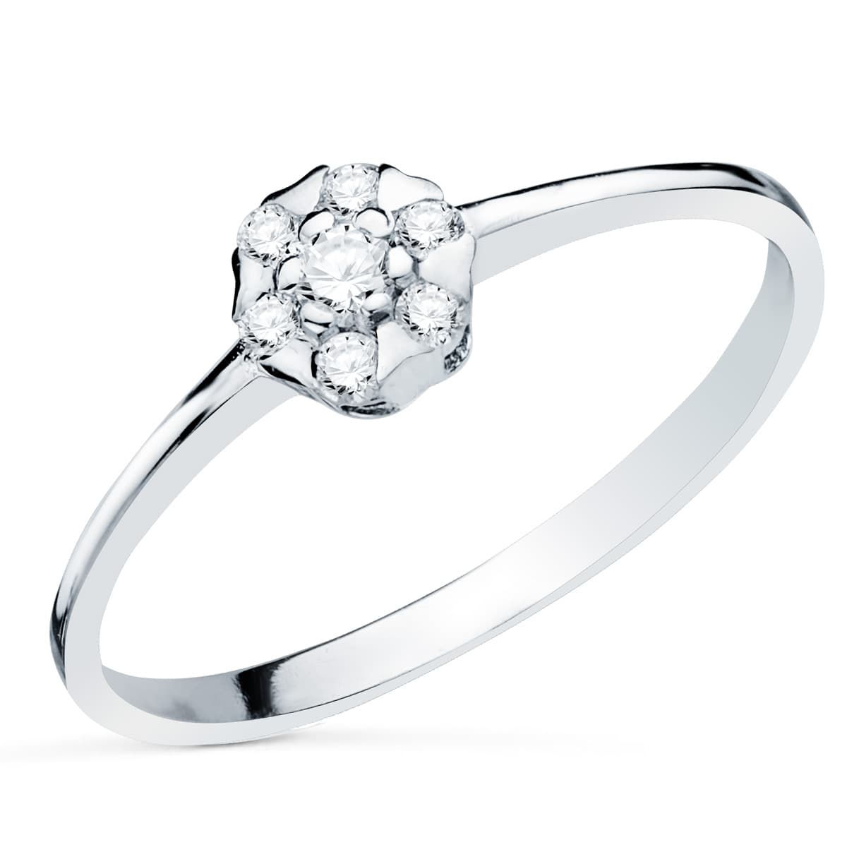 Sortija de oro blanco 18K con un diseño de cuajo de 5x5 mm, engastada con diamantes naturales de 0.127 ct